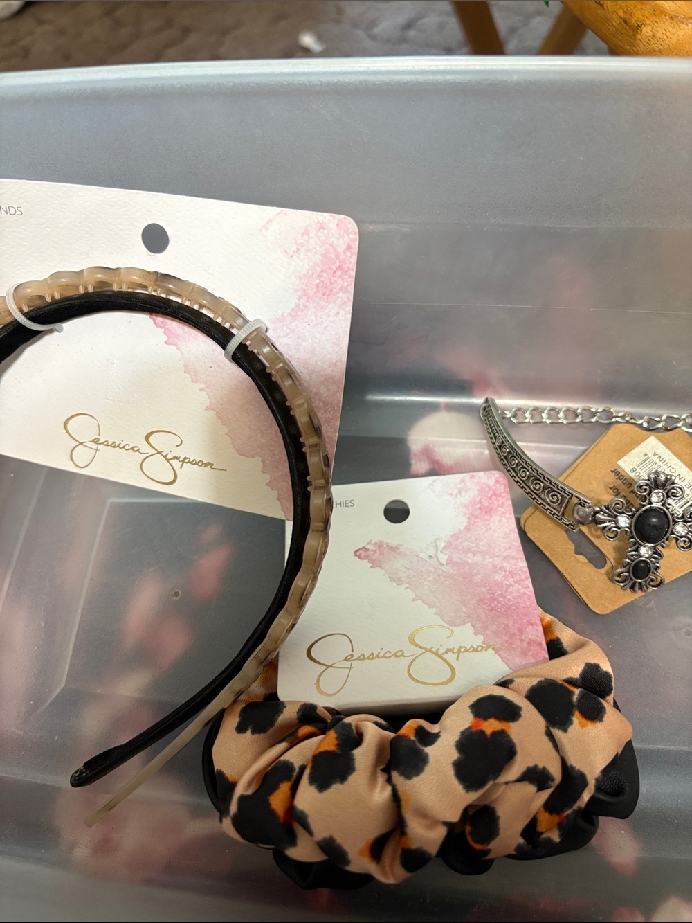 Jessica Simpson Leopard Scrunchie ,Headband Set, and cross bracelet